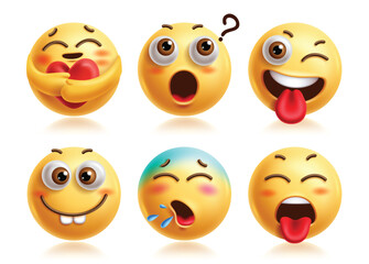 Hug emoji characters vector set. Care emojis 3d clip art character with asking, confused, winking, silly, coughing and naughty facial expression. Vector illustration hug emoticon collection. 
