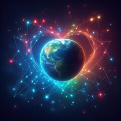 A heart-shaped Earth floating in space with rainbow-colored constellations around it