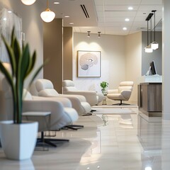 Modern medical clinic reception area with soft, in the focus of the picture is a 4:5 frame, presenting art in a medical clinic, inviting lighting, focusing on a calm and professional neurologist consu