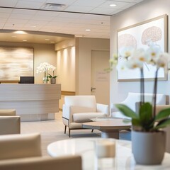 Modern medical clinic reception area with soft, in the focus of the picture is a 4:5 frame, presenting art in a medical clinic, inviting lighting, focusing on a calm and professional neurologist consu