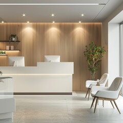 Modern medical clinic reception area with soft, in the focus of the picture is a 4:5 frame, presenting art in a medical clinic, inviting lighting, focusing on a calm and professional neurologist consu