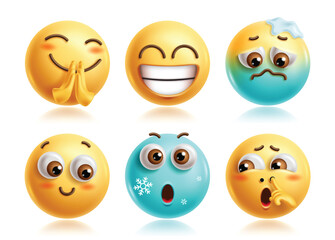 Fototapeta premium Please emoji characters vector set. Pleading emojis 3d icon clip art character with happy, sad, shy, freezing, surprise and bored facial expression yellow graphic elements. Vector illustration please 
