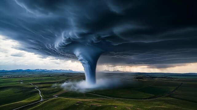 Massive tornado funnel descending from dark storm clouds over verdant farmland. Dramatic contrast between sunlit horizon and ominous storm system. 