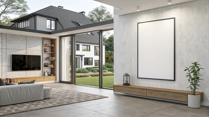 A modern living room with a large blank canvas on a concrete wall, a TV mounted above a wooden cabinet, and a view of a garden through large sliding glass doors.


