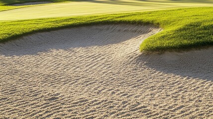 A golf course's sand bunker with rake marks and shadows, outdoor setting on a sunny day with clear skies, Crisp style
