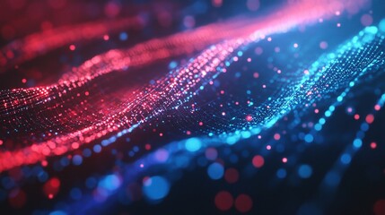 Glowing digital cyber abstract background with Bitcoin symbol and hologram lines, blue and red light effect. Abstract concept of financial technology, blockchain business idea, or virtual money in a f
