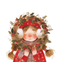 Christmas greeting card with cute girl and christmas wreath and garland