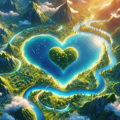 Obraz premium A heart-shaped river flowing through a vibrant, peaceful land