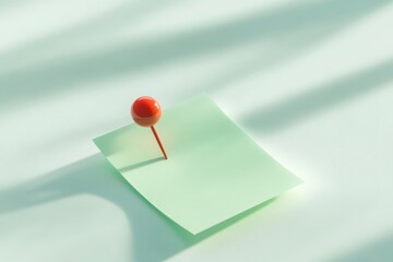 red pushpin on green sticky note against blurred background