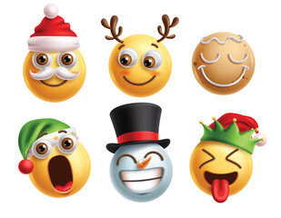 Emoji christmas characters vector set. Christmas emojis 3d icon clip art character with santa claus, reindeer, ginger bread, snowman and elf wearing holiday season cute hat elements. Vector 
