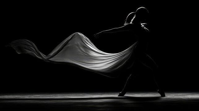 Fototapeta A female dancer in silhouette, wearing a flowing white cloth, is posed against a dark background, creating a dramatic and elegant image.