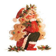 Christmas greeting card with cute girl and christmas wreath and garland