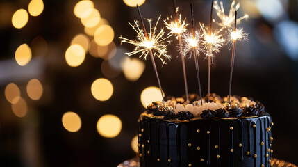Festive New Year 2025 cake with sparklers, black and gold theme, warm lighting