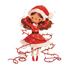 Christmas greeting card with cute girl and christmas wreath and garland