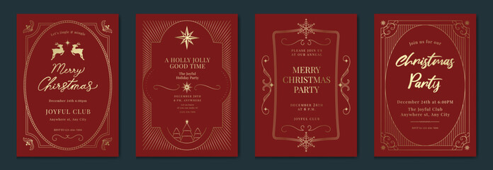 Christmas frame luxury happy holidays invitation card design vector set. Happy New Year card with reindeer, snowflake, leaves on red background. Design for Season's Greeting, cover.