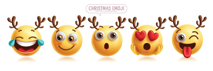 Reindeer emoji vector characters set. Christmas reindeer emojis clip art character in happy, crying, shy, blush, amaze, in love and winking facial expression. Vector illustration deer xmas emoticons 