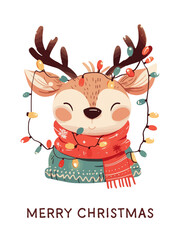 Christmas greeting card with cute cartoon deer and christmas wreath. 