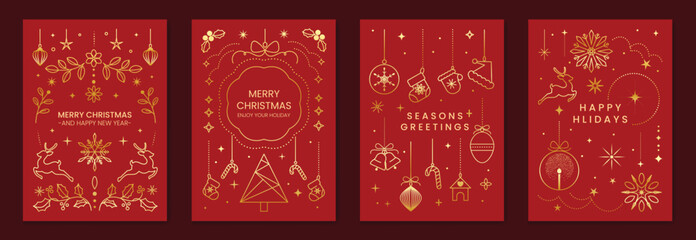 Christmas frame luxury happy holidays invitation card design vector set. Happy New Year card with reindeer, wreath, bauble, holly leaves on red background. Design for Season's Greeting, cover.