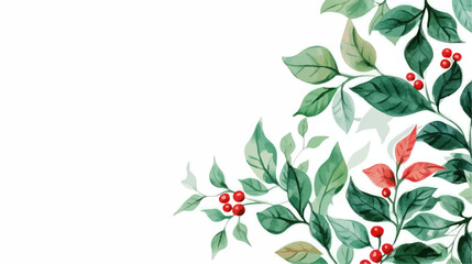 Christmas greeting card template with watercolor poinsettia, holly and mistletoe. Vector illustration.