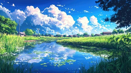 Naklejka premium Serene river flowing through a countryside village with a vibrant blue sky and fluffy clouds.