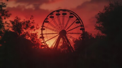 A Ferris wheel silhouetted against a fiery sunset, with trees framing the scene.