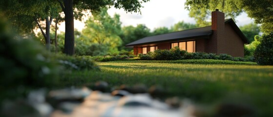 Obraz premium Cozy cabin nestled in a lush, green forest with a small stream flowing nearby