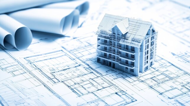 A close-up of housing project blueprints and construction plans, with architects and engineers reviewing the design and building workflow