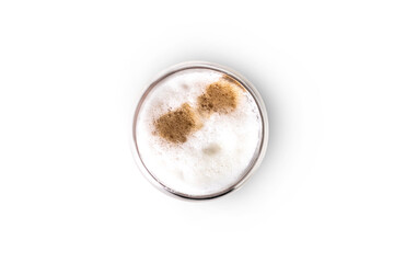 Glass cup with cappuccino coffee. Top view isolated on white or transparent background copy space