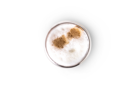 Glass cup with cappuccino coffee. Top view isolated on white or transparent background copy space