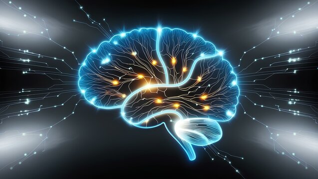A glowing, neon-blue neural network brain with circuitry-like pathways extending outward, symbolizing artificial intelligence and connectivity.
