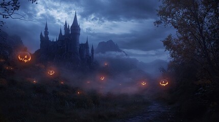 Halloween labu lattern dengan medieval castle di latar belakang 