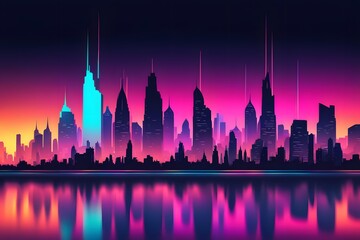 Obraz premium Futuristic cityscape silhouette blurred into colorful gradients with neon reflections, AI Generated