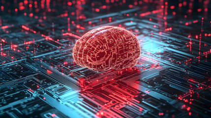3D Render: Digital Brain Rests on Illuminated Circuit Board, Abstract Technology Background