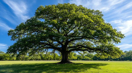 Fototapeta premium Majestic Oak Tree Stands Tall in Verdant Meadow under a Bright Sunny Sky