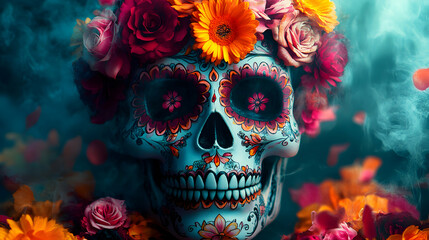 Ornate Sugar Skull Decorated with Vibrant Flowers and Enveloped in Ethereal Smoke, Day of the Dead Theme