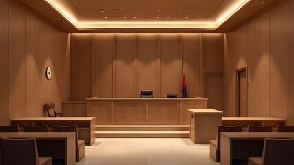 Empty courtroom in brown tones.