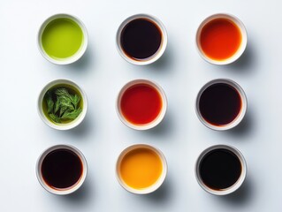 Assortment of colorful sauces and condiments in small bowls