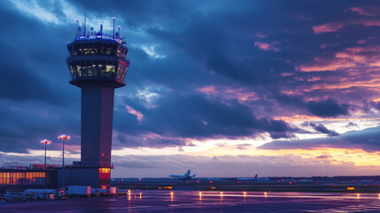 An airport control tower using real-time air traffic management software to coordinate flights efficiently