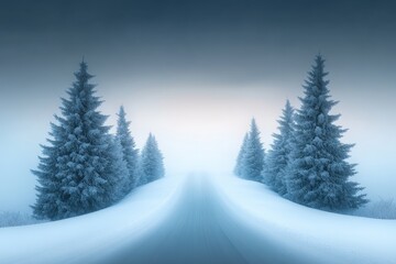 Naklejka premium Snowy winter landscape with pine trees and a winding road