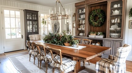 Fototapeta premium Rustic Farmhouse Dining Room with Wooden Table