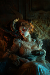 A captivating scene of a woman in a vintage dress resting beside a mythical creature in dim light