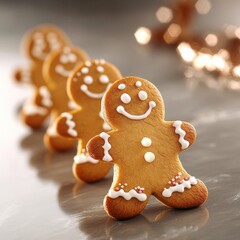 Festive gingerbread cookies with smiley faces and decorations