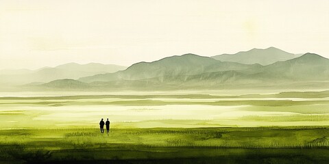 Creative Abstract Marketing Background Featuring Anime Illustration of Spring Farming with Farmers Working in Green Wheat Fields, Complemented by Distant Green Mountains in Chinese Ink Painting Style,