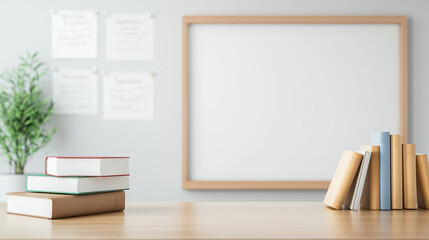Stack of textbook on table and white board in a classroom.