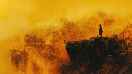 Fototapeta premium Silhouette of a person standing on a cliff overlooking a city in the clouds.