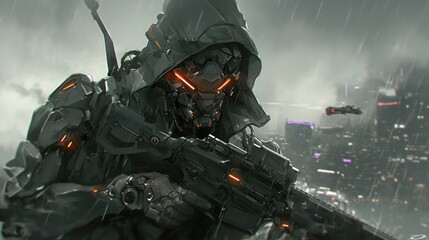 A hooded futuristic soldier in a cyberpunk city holding a rifle, looking intense, with glowing eyes and flying vehicles in the background.