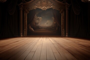 Classic theater stage with wooden floor, elaborate painted backdrop, and vintage props, capturing a timeless performance vibe, 3D illustration