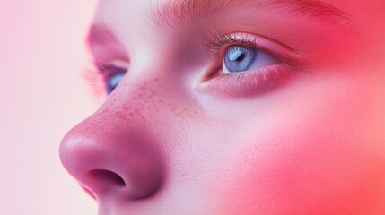 Obraz premium close-up of a person's face with vibrant pink skin and blue eyes