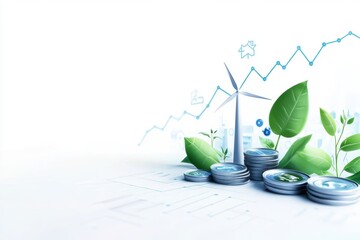 Dynamic stock chart with renewable energy icons and upward trends, showcasing growth in sustainable energy sectors, clean and modern, 3D illustration
