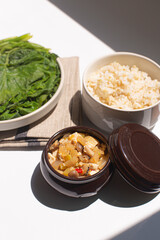 green pumpkin leaves cooked in hot steam, soybean paste.